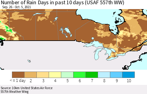 Canada Number of Rain Days in past 10 days (USAF 557th WW) Thematic Map For 10/1/2021 - 10/5/2021
