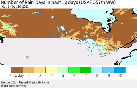 Canada Number of Rain Days in past 10 days (USAF 557th WW) Thematic Map For 10/6/2021 - 10/10/2021