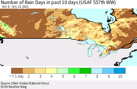 Canada Number of Rain Days in past 10 days (USAF 557th WW) Thematic Map For 10/11/2021 - 10/15/2021