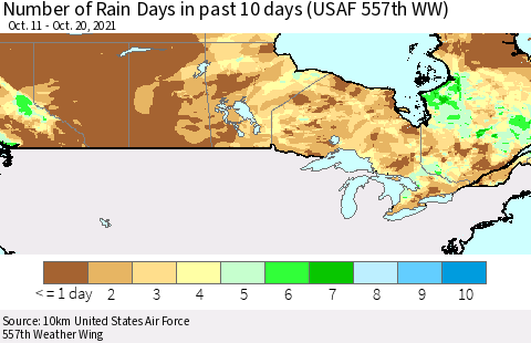 Canada Number of Rain Days in past 10 days (USAF 557th WW) Thematic Map For 10/16/2021 - 10/20/2021