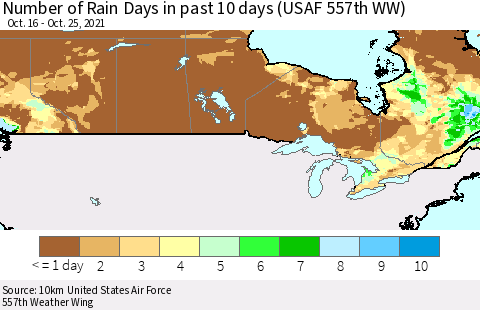 Canada Number of Rain Days in past 10 days (USAF 557th WW) Thematic Map For 10/21/2021 - 10/25/2021