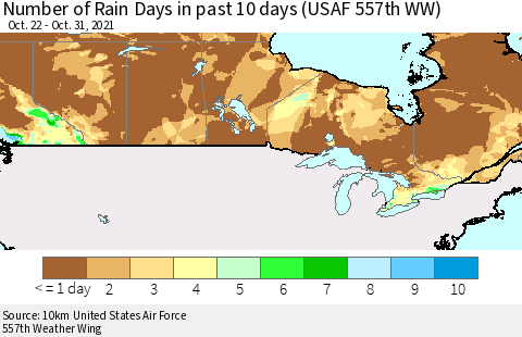 Canada Number of Rain Days in past 10 days (USAF 557th WW) Thematic Map For 10/26/2021 - 10/31/2021