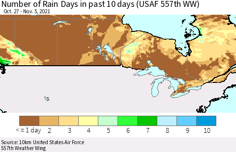Canada Number of Rain Days in past 10 days (USAF 557th WW) Thematic Map For 11/1/2021 - 11/5/2021