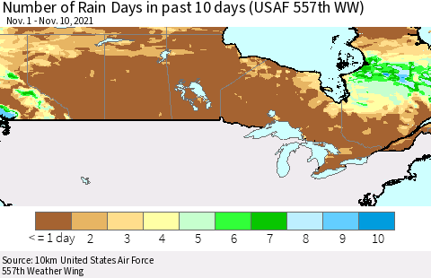 Canada Number of Rain Days in past 10 days (USAF 557th WW) Thematic Map For 11/6/2021 - 11/10/2021