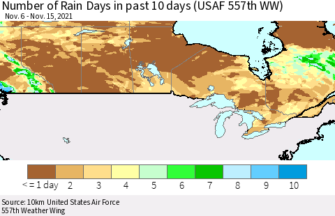 Canada Number of Rain Days in past 10 days (USAF 557th WW) Thematic Map For 11/11/2021 - 11/15/2021