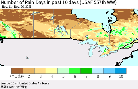 Canada Number of Rain Days in past 10 days (USAF 557th WW) Thematic Map For 11/16/2021 - 11/20/2021