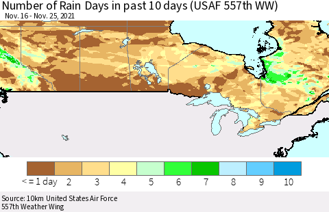 Canada Number of Rain Days in past 10 days (USAF 557th WW) Thematic Map For 11/21/2021 - 11/25/2021