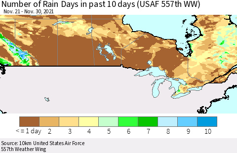 Canada Number of Rain Days in past 10 days (USAF 557th WW) Thematic Map For 11/26/2021 - 11/30/2021
