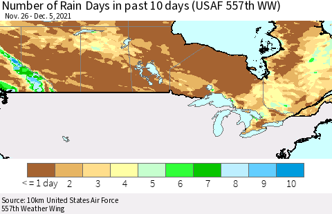 Canada Number of Rain Days in past 10 days (USAF 557th WW) Thematic Map For 12/1/2021 - 12/5/2021