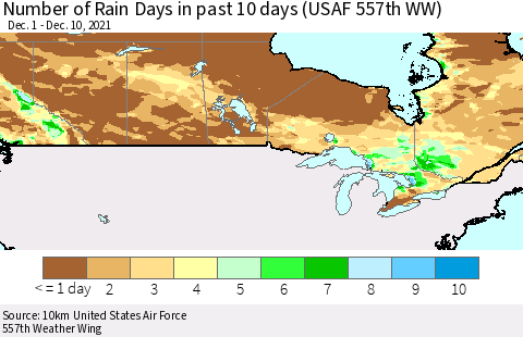 Canada Number of Rain Days in past 10 days (USAF 557th WW) Thematic Map For 12/6/2021 - 12/10/2021