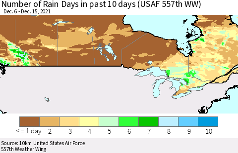 Canada Number of Rain Days in past 10 days (USAF 557th WW) Thematic Map For 12/11/2021 - 12/15/2021