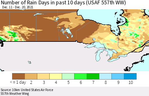 Canada Number of Rain Days in past 10 days (USAF 557th WW) Thematic Map For 12/16/2021 - 12/20/2021