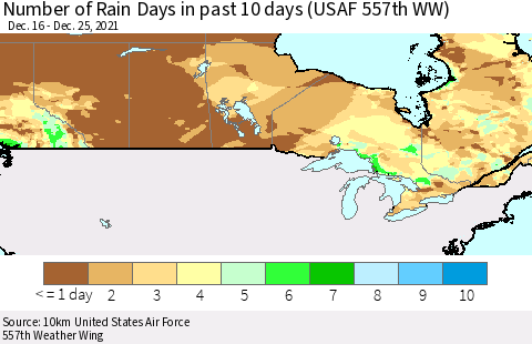 Canada Number of Rain Days in past 10 days (USAF 557th WW) Thematic Map For 12/21/2021 - 12/25/2021