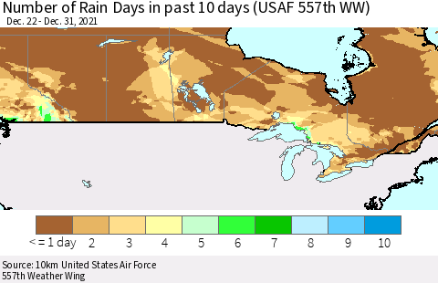 Canada Number of Rain Days in past 10 days (USAF 557th WW) Thematic Map For 12/26/2021 - 12/31/2021