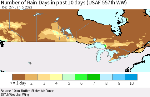 Canada Number of Rain Days in past 10 days (USAF 557th WW) Thematic Map For 1/1/2022 - 1/5/2022
