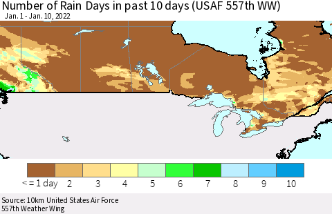 Canada Number of Rain Days in past 10 days (USAF 557th WW) Thematic Map For 1/6/2022 - 1/10/2022