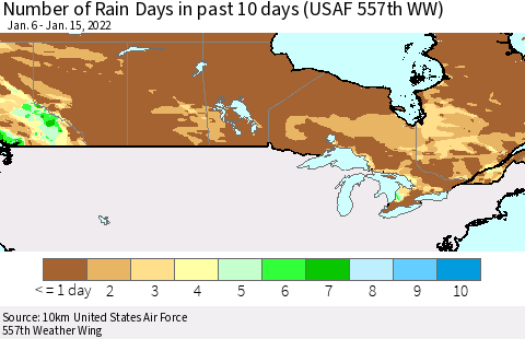 Canada Number of Rain Days in past 10 days (USAF 557th WW) Thematic Map For 1/11/2022 - 1/15/2022