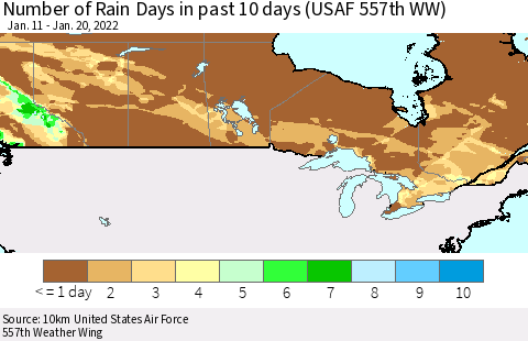 Canada Number of Rain Days in past 10 days (USAF 557th WW) Thematic Map For 1/16/2022 - 1/20/2022