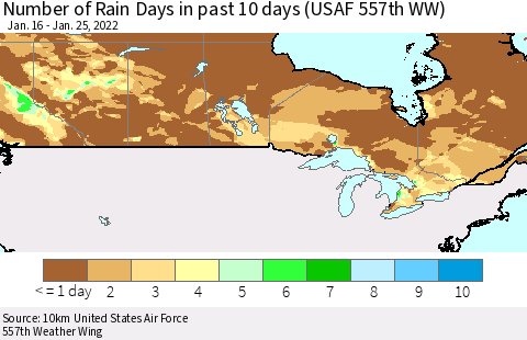 Canada Number of Rain Days in past 10 days (USAF 557th WW) Thematic Map For 1/21/2022 - 1/25/2022