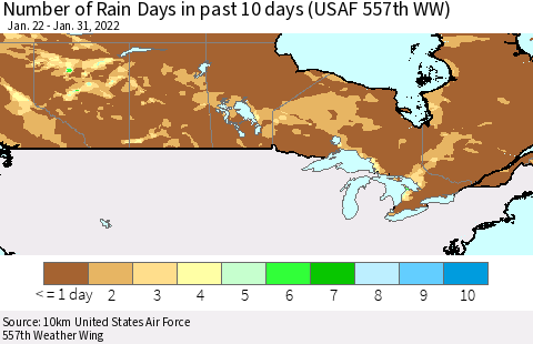 Canada Number of Rain Days in past 10 days (USAF 557th WW) Thematic Map For 1/26/2022 - 1/31/2022