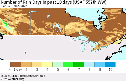 Canada Number of Rain Days in past 10 days (USAF 557th WW) Thematic Map For 2/1/2022 - 2/5/2022