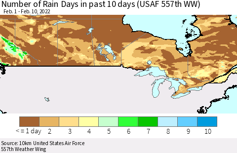 Canada Number of Rain Days in past 10 days (USAF 557th WW) Thematic Map For 2/6/2022 - 2/10/2022
