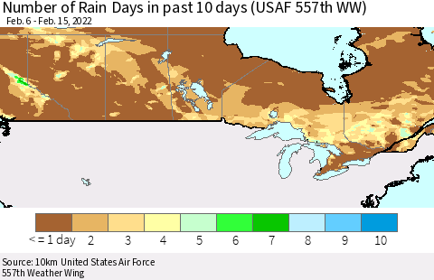 Canada Number of Rain Days in past 10 days (USAF 557th WW) Thematic Map For 2/11/2022 - 2/15/2022