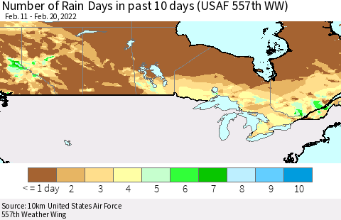 Canada Number of Rain Days in past 10 days (USAF 557th WW) Thematic Map For 2/16/2022 - 2/20/2022