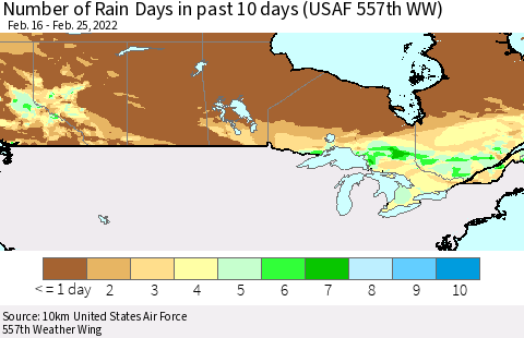 Canada Number of Rain Days in past 10 days (USAF 557th WW) Thematic Map For 2/21/2022 - 2/25/2022