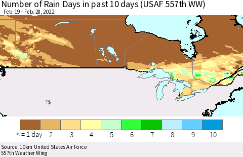 Canada Number of Rain Days in past 10 days (USAF 557th WW) Thematic Map For 2/26/2022 - 2/28/2022