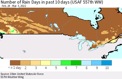 Canada Number of Rain Days in past 10 days (USAF 557th WW) Thematic Map For 3/1/2022 - 3/5/2022
