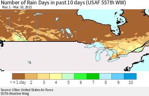 Canada Number of Rain Days in past 10 days (USAF 557th WW) Thematic Map For 3/6/2022 - 3/10/2022
