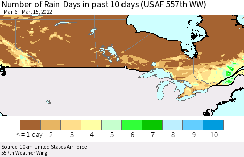 Canada Number of Rain Days in past 10 days (USAF 557th WW) Thematic Map For 3/11/2022 - 3/15/2022