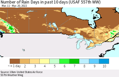 Canada Number of Rain Days in past 10 days (USAF 557th WW) Thematic Map For 3/16/2022 - 3/20/2022