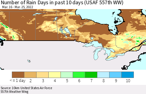Canada Number of Rain Days in past 10 days (USAF 557th WW) Thematic Map For 3/21/2022 - 3/25/2022
