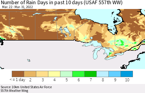 Canada Number of Rain Days in past 10 days (USAF 557th WW) Thematic Map For 3/26/2022 - 3/31/2022