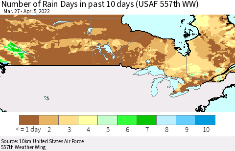 Canada Number of Rain Days in past 10 days (USAF 557th WW) Thematic Map For 4/1/2022 - 4/5/2022