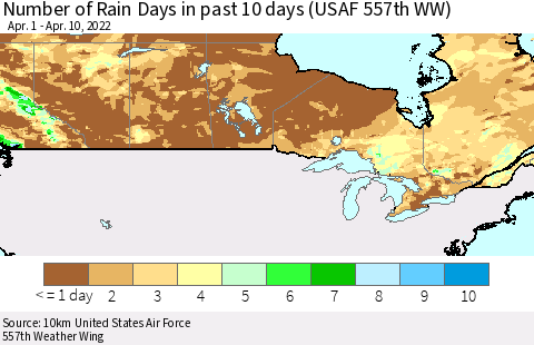 Canada Number of Rain Days in past 10 days (USAF 557th WW) Thematic Map For 4/6/2022 - 4/10/2022