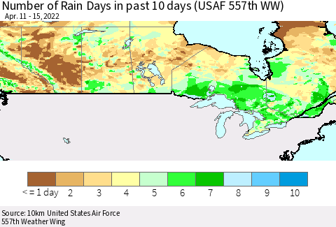 Canada Number of Rain Days in past 10 days (USAF 557th WW) Thematic Map For 4/11/2022 - 4/15/2022