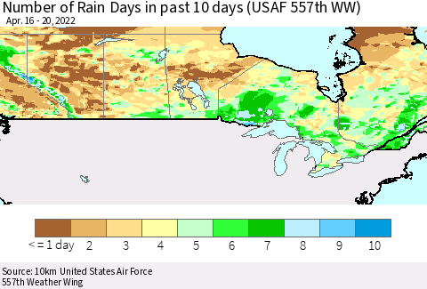 Canada Number of Rain Days in past 10 days (USAF 557th WW) Thematic Map For 4/16/2022 - 4/20/2022