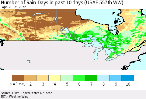 Canada Number of Rain Days in past 10 days (USAF 557th WW) Thematic Map For 4/21/2022 - 4/25/2022