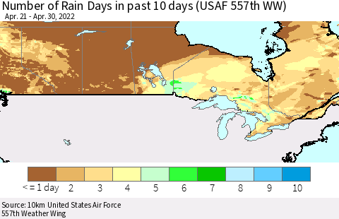 Canada Number of Rain Days in past 10 days (USAF 557th WW) Thematic Map For 4/26/2022 - 4/30/2022