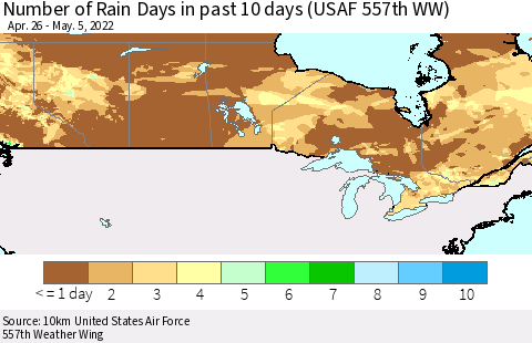 Canada Number of Rain Days in past 10 days (USAF 557th WW) Thematic Map For 5/1/2022 - 5/5/2022