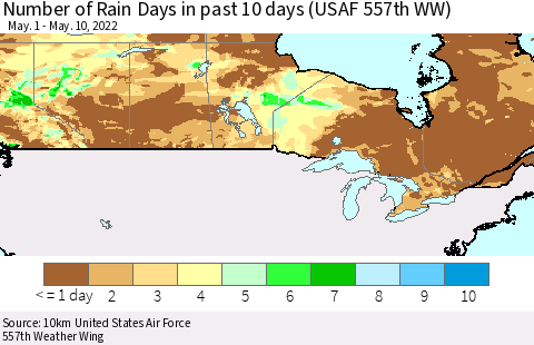 Canada Number of Rain Days in past 10 days (USAF 557th WW) Thematic Map For 5/6/2022 - 5/10/2022