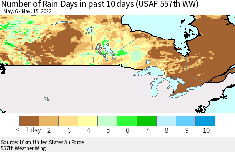 Canada Number of Rain Days in past 10 days (USAF 557th WW) Thematic Map For 5/11/2022 - 5/15/2022