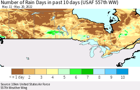 Canada Number of Rain Days in past 10 days (USAF 557th WW) Thematic Map For 5/16/2022 - 5/20/2022