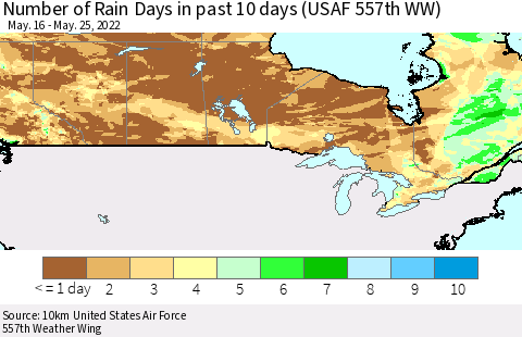 Canada Number of Rain Days in past 10 days (USAF 557th WW) Thematic Map For 5/21/2022 - 5/25/2022