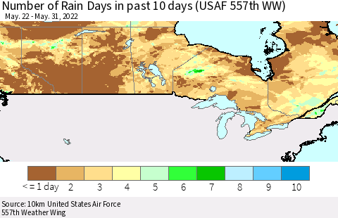 Canada Number of Rain Days in past 10 days (USAF 557th WW) Thematic Map For 5/26/2022 - 5/31/2022