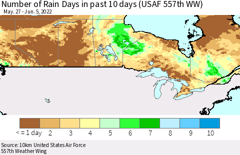 Canada Number of Rain Days in past 10 days (USAF 557th WW) Thematic Map For 6/1/2022 - 6/5/2022