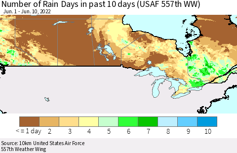 Canada Number of Rain Days in past 10 days (USAF 557th WW) Thematic Map For 6/6/2022 - 6/10/2022